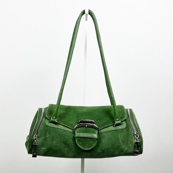Cole Haan Green Alexa Suede Leather Fall Autumn East West Barrel Shoulder Bag - Picture 1 of 16